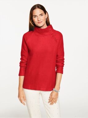 Talbots Fleece Mock Neck Pullover XL Red Pop Button Shoulder Classic Cozy Warm